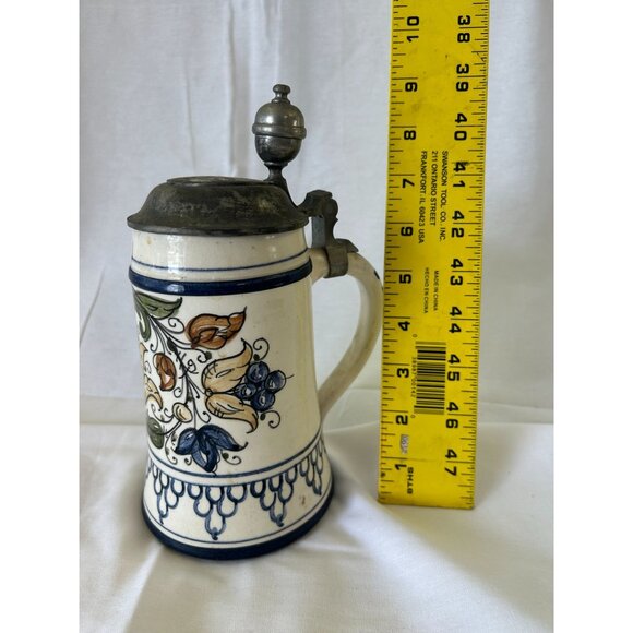 Vintage German Ceramic Beer Stein With Pewter Lid & Hand-Painted Floral Design - Picture 2 of 2